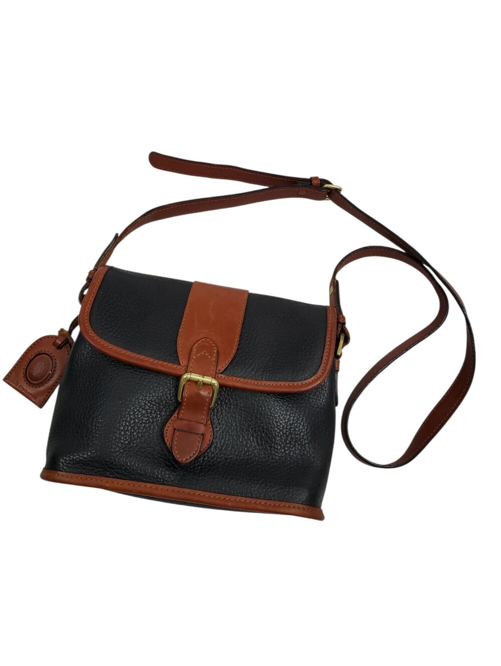 Vintage 90s Liz Claiborne Black Pebble Leather Crossbody Bag with Brown Trim